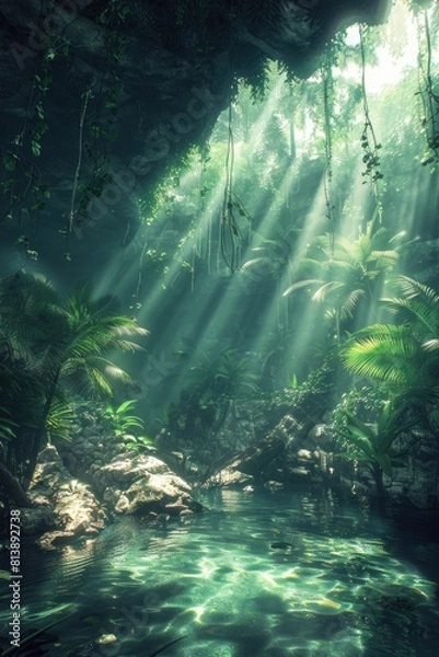 Fototapeta Mystical Jungle Pond with Sunlight Filtering Through Dense Foliage