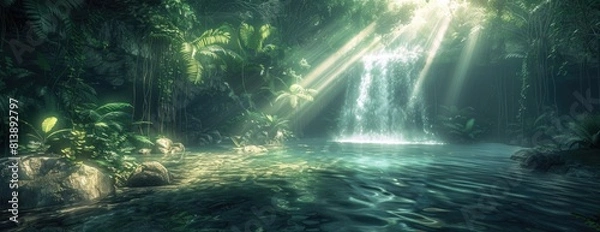 Fototapeta Mystical Jungle Pond with Sunlight Filtering Through Dense Foliage