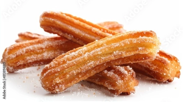 Fototapeta Image description:.Four golden churros on a white background. The churros are sprinkled with sugar and have a crispy texture.