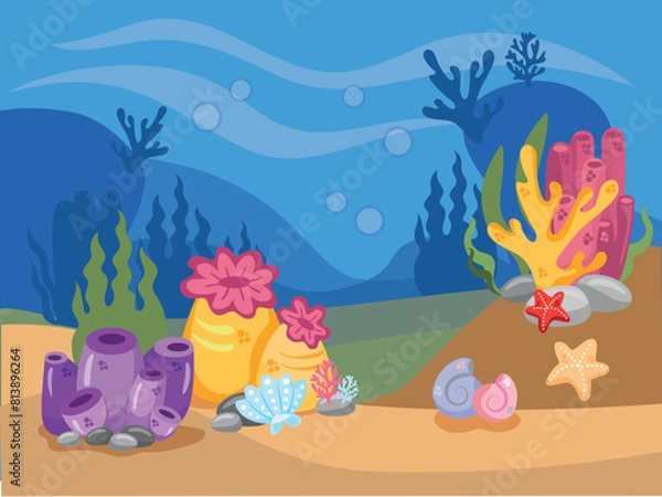 Fototapeta Banner with empty copy insert. Underwater bottom with coral, seaweed, Illustration of the seabed Undersea with corals and seaweed, sea bottom, seabed, illustration with copy space