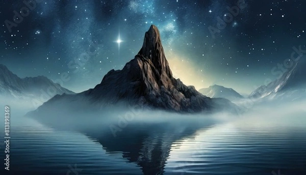 Fototapeta Night rock mountain with stars in foggy atmosphere, reflection of the mountain in the calm water