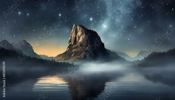 Fototapeta Night rock mountain with stars in foggy atmosphere, reflection of the mountain in the calm water