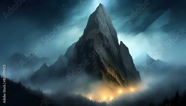 Fototapeta Night mountain with a road is lit up with lights surrounded by a foggy atmosphere