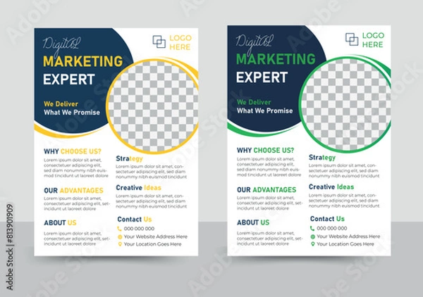 Obraz Business flyer, brochure design, magazine or flier mockup in blue & green colors,flyer in A4 size.	