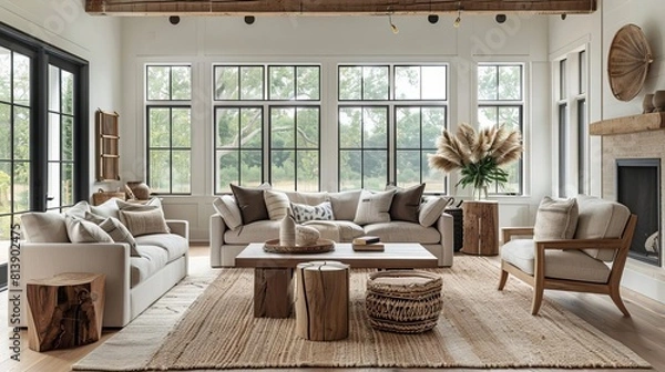 Fototapeta Design a warm and inviting living room space that incorporates natural elements such as wood and stone