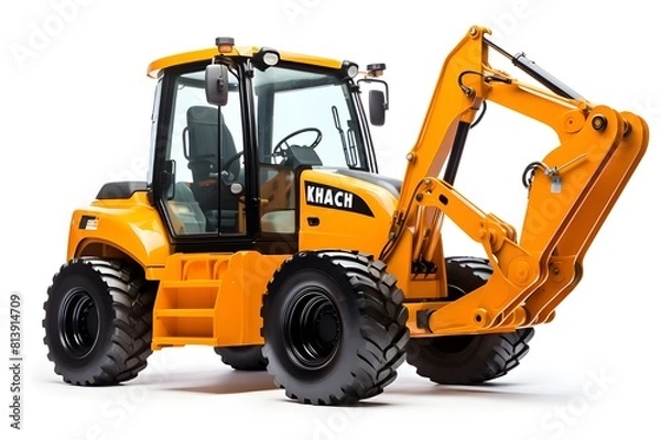 Fototapeta A yellow bobcat with the word excavator on the front