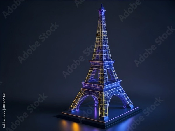 Fototapeta Epic 3D Model of the Eiffel Tower with Holographic Design and Glowing Lights
