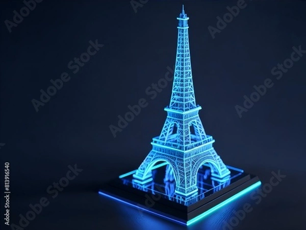 Fototapeta Epic 3D Model of the Eiffel Tower with Holographic Design and Glowing Lights