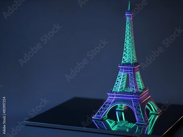 Fototapeta Epic 3D Model of the Eiffel Tower with Holographic Design and Glowing Lights