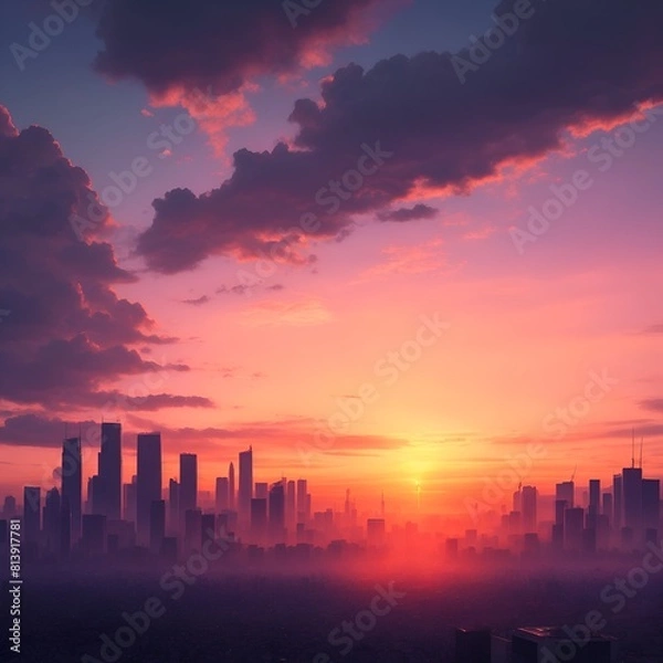 Fototapeta 都市に朝日が昇る朝焼け空