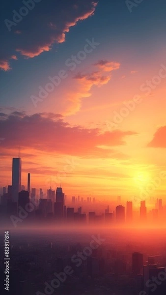 Fototapeta 都市に朝日が昇る朝焼け空