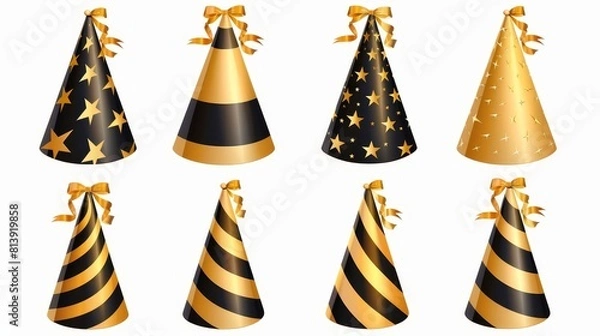Fototapeta Set of funny cone head caps with gold ribbons for holidays and festive isolated on white background. Modern realistic collection of party hats with gold and black stripes, dots and stars.