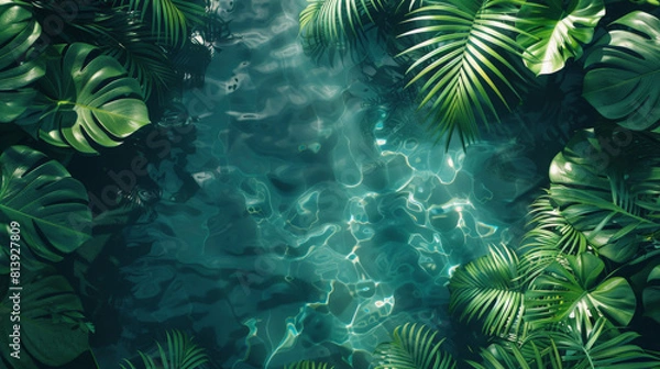 Fototapeta Tropical green leaves overhanging serene water with sunlight filtering through, creating an ethereal, shimmering effect on the surface. A tranquil natural scene.