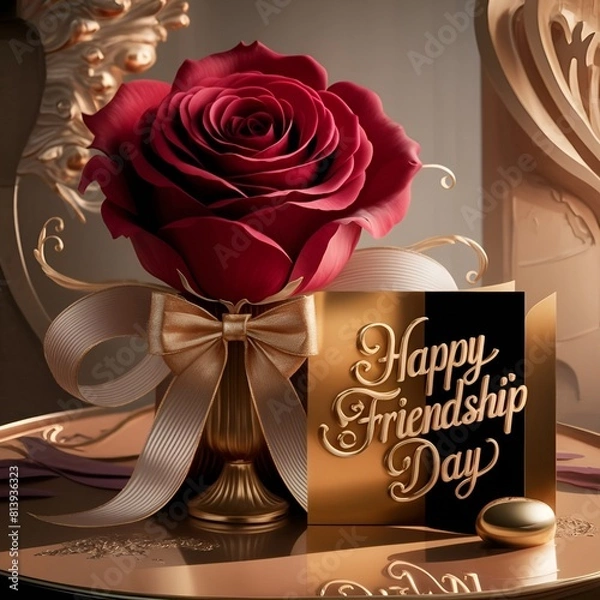 Fototapeta The background of Happy Friendship Day features a red rose and love.