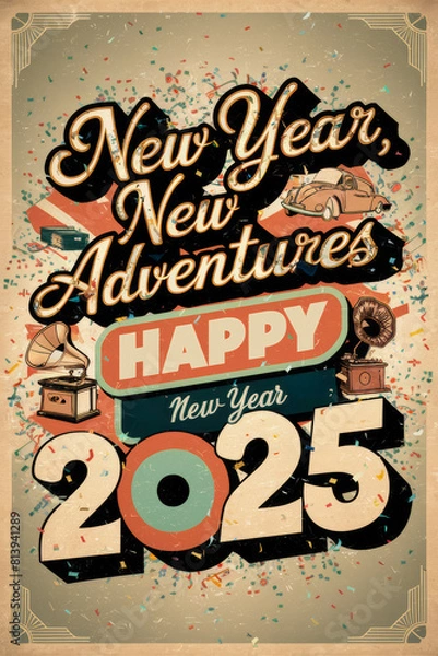 Obraz A retro-style New Year poster featuring the phrase "New Year, New Adventures" with festive elements like a car, books, and musical instruments, celebrating "Happy New Year 2025."