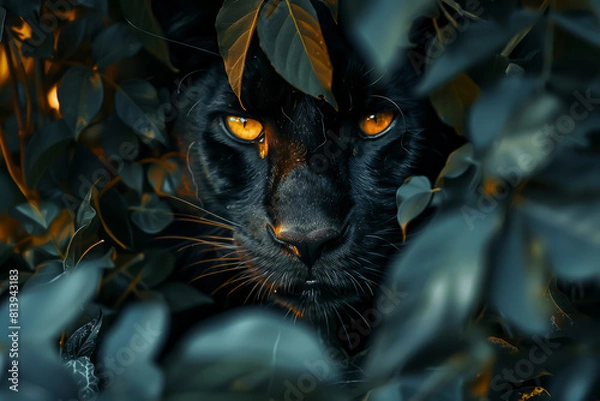 Obraz A black cat with yellow eyes is peeking out from behind some leaves