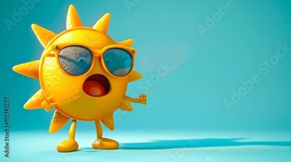 Fototapeta Cheerful animated sun character wearing sunglasses, posing against a blue background. Perfect for summer themes and children's content. AI