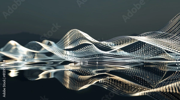 Fototapeta A series of digital waves, composed of light and shadow, undulating across a reflective surface. The waves mimic 