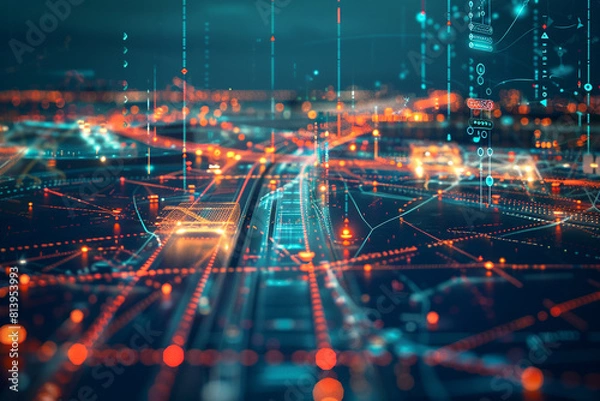 Fototapeta Double exposure of a global logistics network, its complex routes and nodes blending with a digital tracking system, emphasizing AI's role in optimizing supply chains and delivery systems.