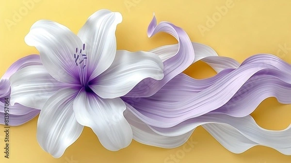 Obraz   A painting of a purple and white flower on a yellow and yellow background with long, wavy hair blowing in the wind