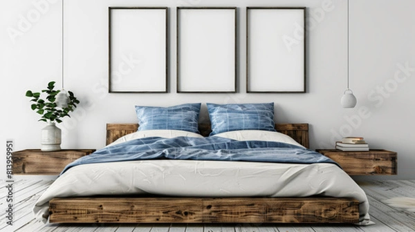 Fototapeta rustic wooden bed with blue pillows in front of wall with empty pictures