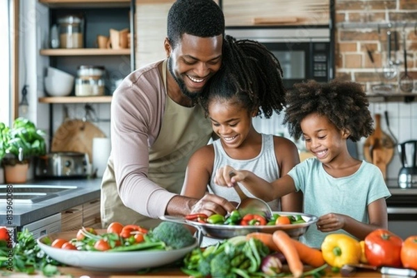 Fototapeta A family preparing a nutritious dinner together in a modern kitchen, emphasizing fresh vegetables and healthy eating habits