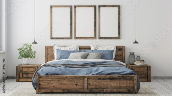 Fototapeta rustic wooden bed with blue pillows in front of wall with empty pictures