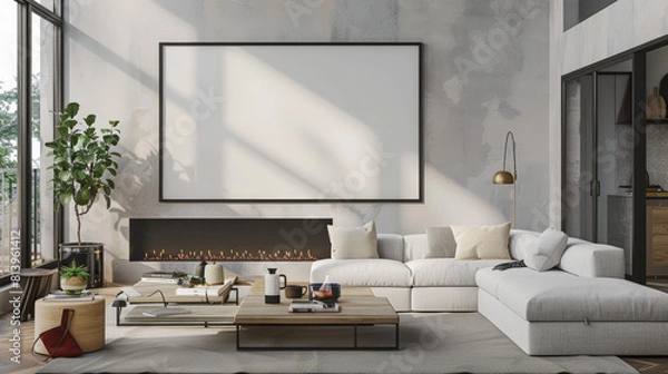 Fototapeta modern living room with sofa and fireplace
