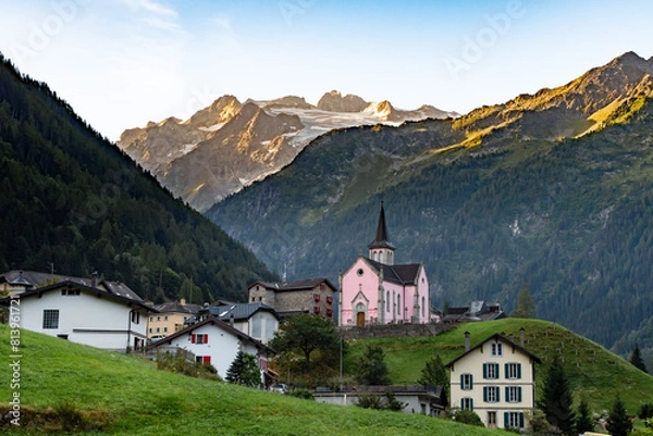 Fototapeta View of the peaks and the Pink Church of Trient in Switzerland