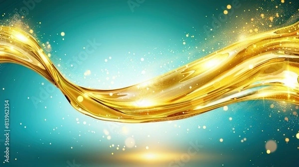 Obraz   Golden liquid on blue background, blurry light top wave