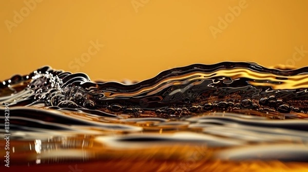 Obraz   A close-up image shows a water wave breaking on a yellow wall in the background
