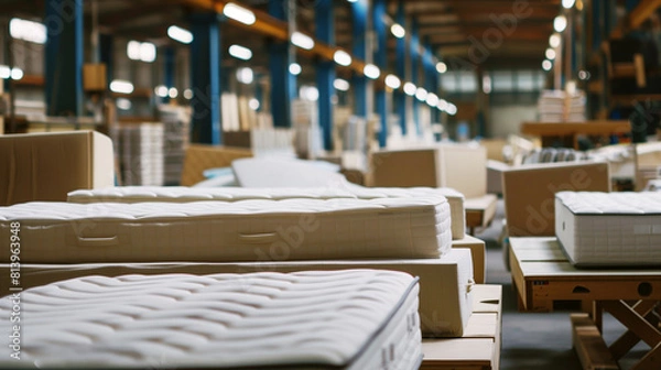 Fototapeta Rows of new mattresses lined up in a spacious factory warehouse with warm lighting.
