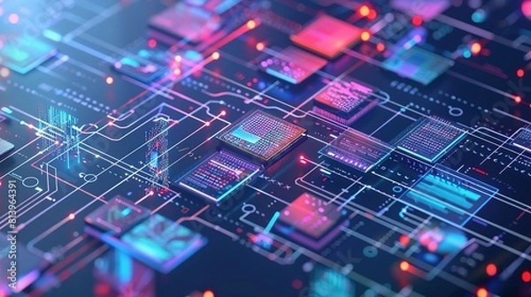 Fototapeta Big data flow technology and data science illustration concept. Concept of data research, data mining, business analytics, querying, analysing and visualizing complex information