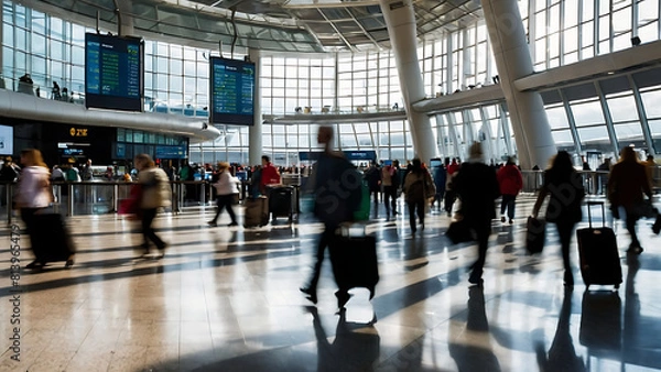 Obraz a busy airport terminal with people walking around, motion blurred photo	