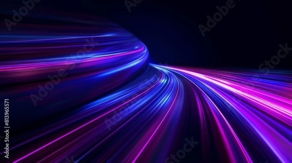 Fototapeta Neon road speed. Light abstract laser trace from the movement of cars. LED curves fast strips. Template for futuristic design.