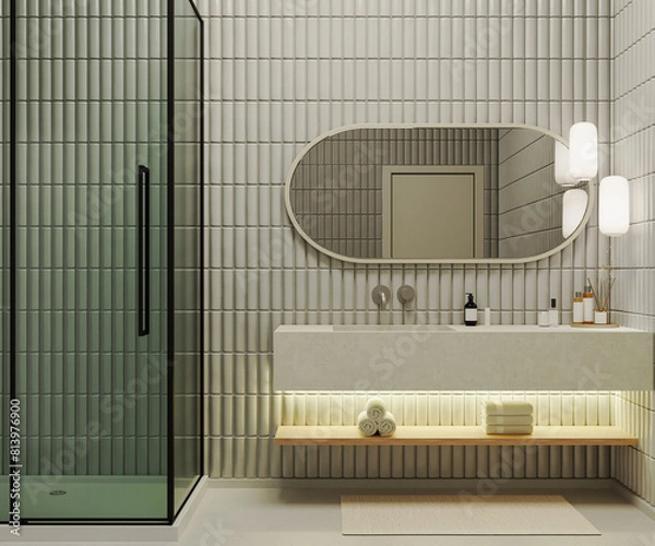 Fototapeta Modern bathroom interior with  shower cabin and stone sink with mirror, cosmetics and towels, 3d rendering
