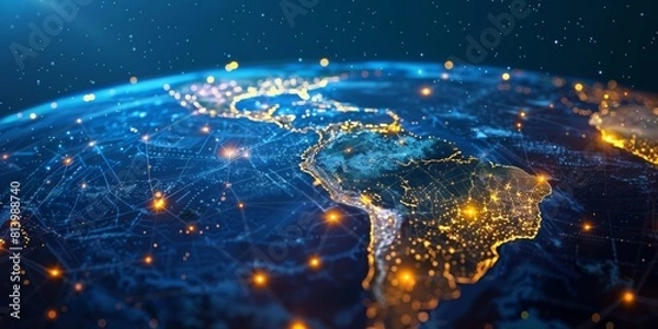 Obraz Digital map of South America with global network connections and glowing lights, representing the interconnectivity of AI in national trade and marketing strategies