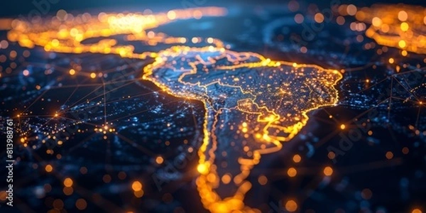 Fototapeta Digital map of South America with global network connections and glowing lights, representing the interconnectivity of AI in national trade and marketing strategies