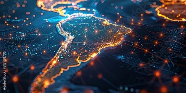 Obraz Digital map of South America with global network connections and glowing lights, representing the interconnectivity of AI in national trade and marketing strategies