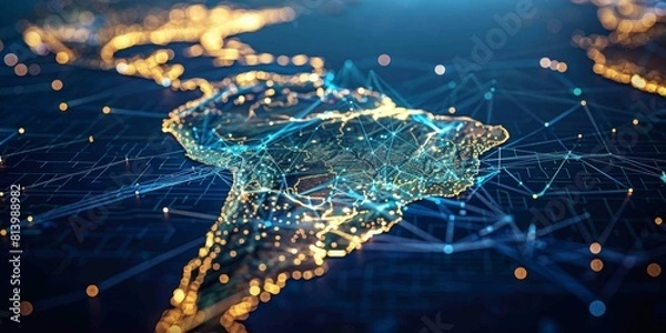 Fototapeta Digital map of South America with global network connections and glowing lights, representing the interconnectivity of AI in national trade and marketing strategies
