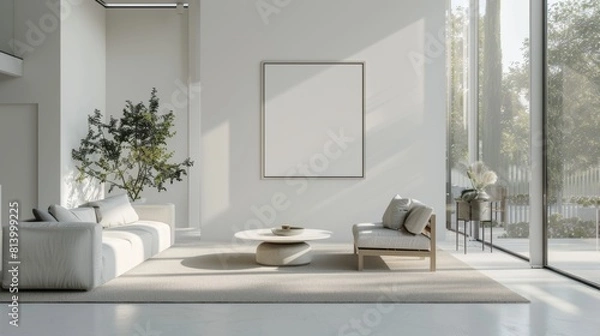 Fototapeta A spacious modern living room with sleek furniture and a large ISO A paper size frame mockup on a clean white wall, ambient daylight streaming through floor-to-ceiling windows. Created Using: 3D