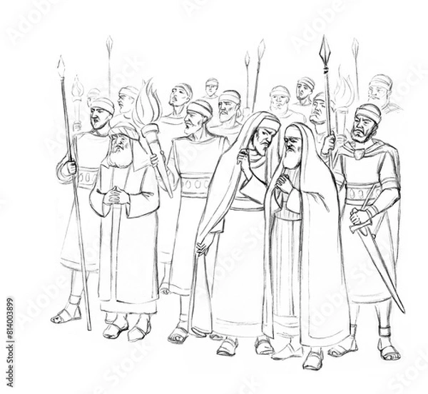 Fototapeta Pharisees and high priests with soldiers in Gethsemane. Pencil drawing