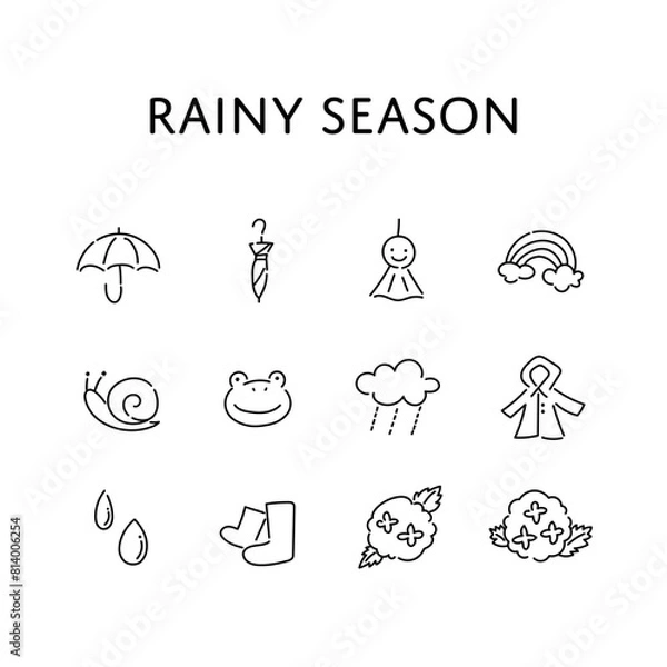 Fototapeta 手描きのシンプルな梅雨のイラストセット