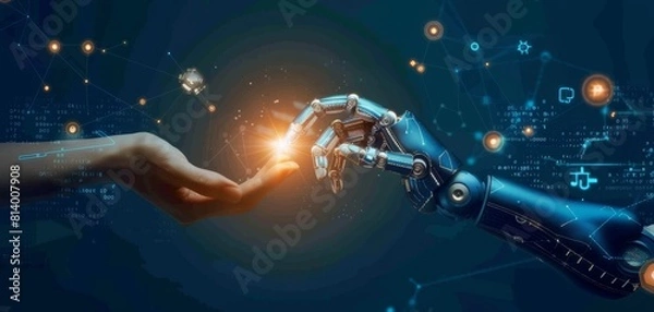 Fototapeta Human Hand Interacting with Advanced Robotic Arm.