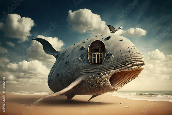 Fototapeta A beach landscape with a whale and house. artistic illustration.
