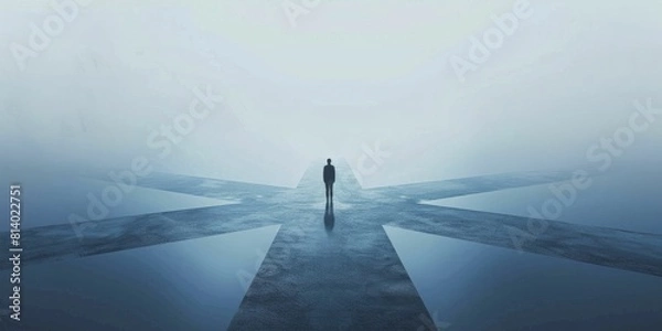 Fototapeta Minimalist crossroads concept with person facing multiple blue paths, pale background emphasizing clarity and choice.