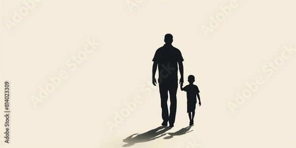 Obraz Minimalist Father's day banner illustration featuring black silhouette of a father holding hands with his child on beige background, symbolizing the bond and guidance in the journey of fatherhood