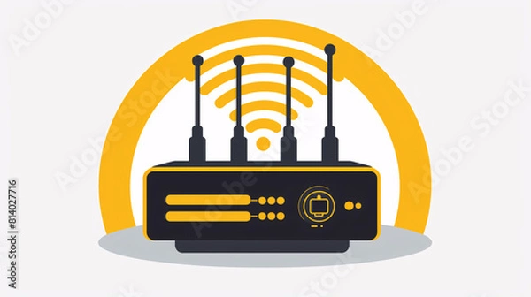 Fototapeta Icon yellow and gray for an Internet Gateway router or modem that can connect to the  server and database for technical internet wifi store data, white background.
