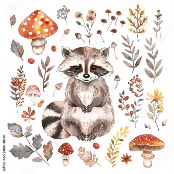Fototapeta Watercolor illustrations from the collection with a cute raccoon surrounded by flowers, trees, shrubs, leaves and other elements highlighted on a white background