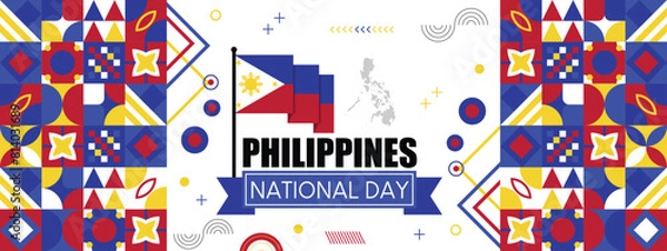 Fototapeta Philippines Independence Day abstract banner design with flag and map. Flag color theme geometric pattern retro modern Illustration design. Blue, red, yellow and white color template.